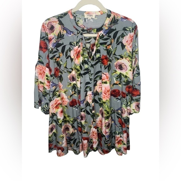 Umgee Women's Boho Floral Bohemain Keyhole Chic 3/4 Bell Sleeve Dress Size Med - Picture 1 of 6